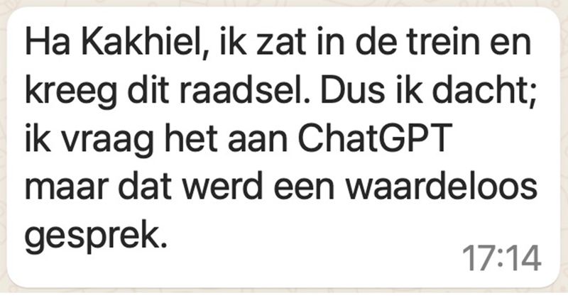 NS komt met dit vrij eenvoudige raadsel op het scherm in de trein, even kijken wat ChatGPT ervan maakt...