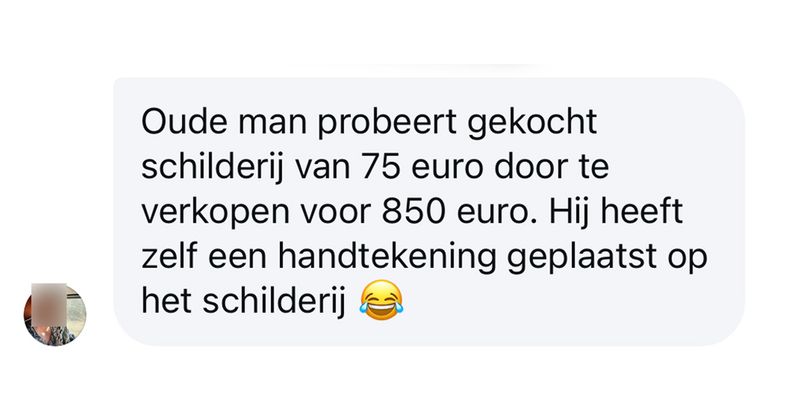Man koopt schilderij op Marktplaats voor € 75, zet er zelf een neppe handtekening op en probeert het vervolgens weer door te verkopen voor € 850 (5 screens)