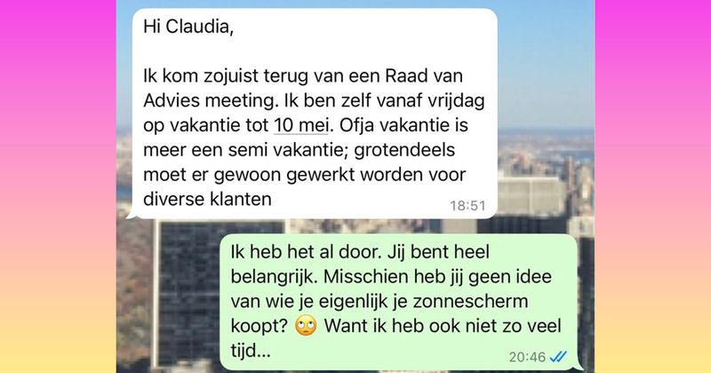 Zakenman die zichzelf vet belangrijk vindt wil zonnescherm komen ophalen bij iemand van Marktplaats maar kan helaas niemand regelen om te tillen, zelfs zijn 500 medewerkers hebben het te druk die dag (5 scherm)