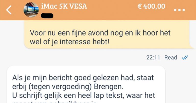 Man stelt vraag over een iMac op Marktplaats en is meteen over de zeik als hij een best normaal en behulpzaam antwoord krijgt (5 screens)