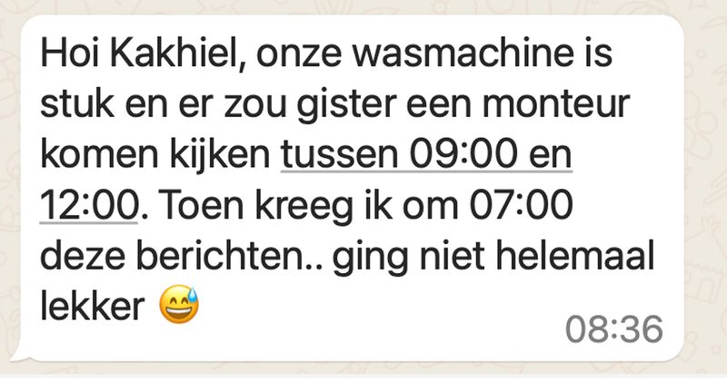 Wasmachine-monteur staat 1,5 uur te vroeg bij een klant op de stoep en begint te schelden als er niemand opendoet (6 screens)