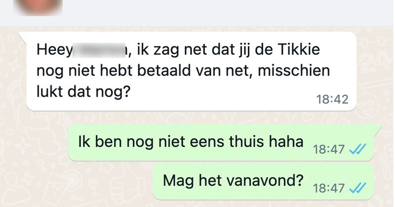 Jongen is geïrriteerd omdat zijn Tikkie niet binnen één minuut betaald is en komt even verhaal halen op WhatsApp (5 screens)