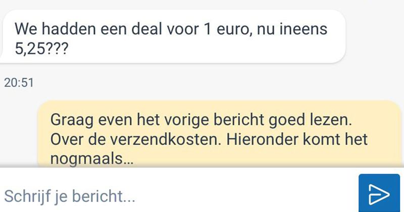 Peter wil graag een stripalbum kopen op Marktplaats maar snapt helaas niet echt hoe verzendkosten werken. 'We hadden een deal voor 1 euro' (5 screens)