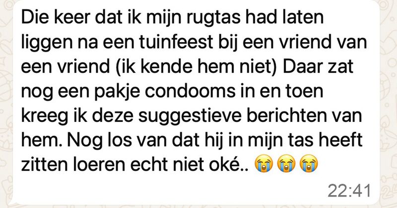 Meisje laat rugtas liggen na een feestje bij een gast die ze niet kent en krijgt de dag erna deze berichten omdat hij een pakje condooms in het voorvak heeft gevonden (5 screens)