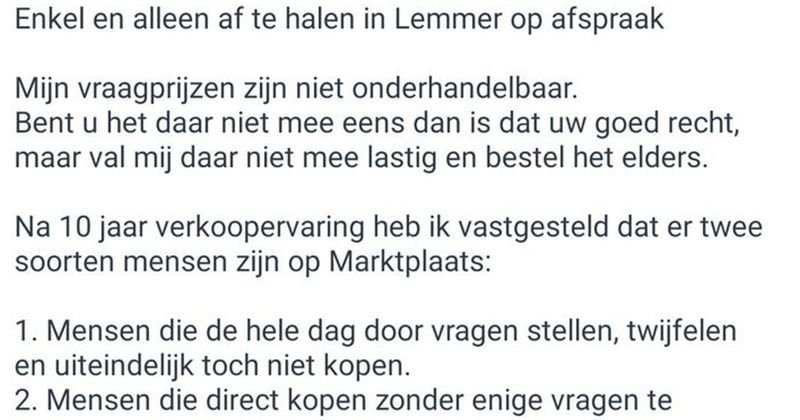 Na 10 jaar verkoopervaring op Marktplaats is deze man helemaal klaar met mensen die de hele dag door vragen stellen zonder iets te kopen en heeft hier alle antwoorden alvast voor ze op een rijtje gezet
