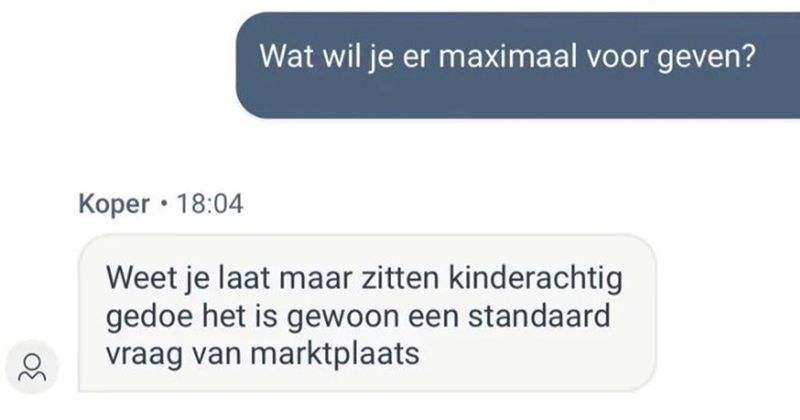 Man snapt niet helemaal hoe bieden op Marktplaats werkt en schiet meteen helemaal uit z'n slof als de verkoper vraagt wat hij er maximaal voor wil geven (4 screens)