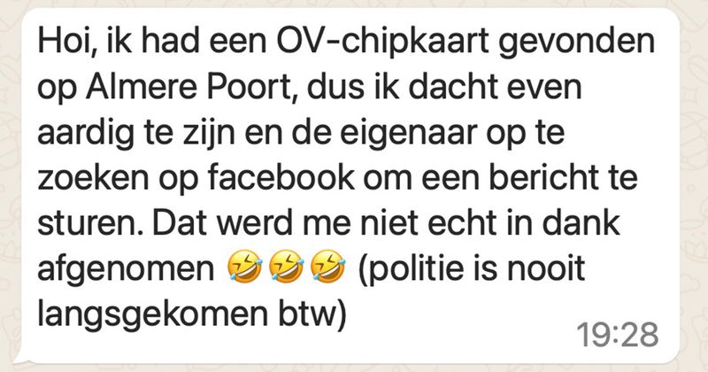 Jongen vindt OV-chipkaart op station Almere Poort en besluit de eigenaar even een berichtje te sturen op Facebook, dat had hij beter niet kunnen doen... (4 screens)