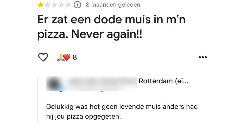 De eigenaar van deze pizzeria in Rotterdam heeft nogal een gevatte manier van reageren op negatieve reviews (10 screens)