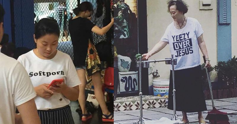 19 mensen in Shanghai met vet random teksten op hun shirt
