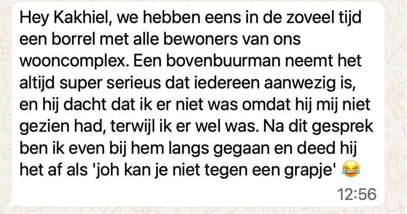 Buurman reageert nogal kinderachtig op mensen die volgens hem niet aanwezig waren bij de buren-borrel (4 screens)