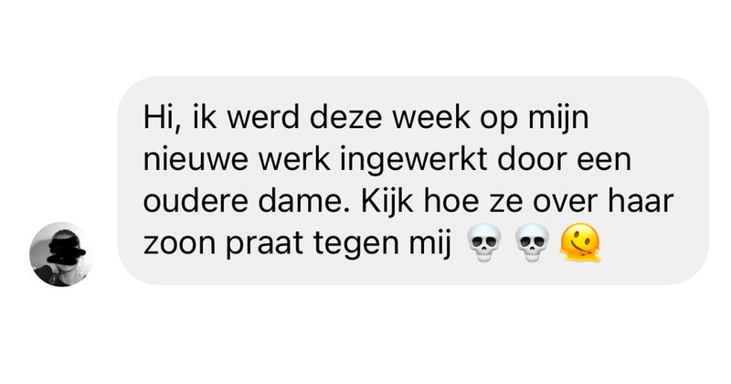 Vrouw wordt ingewerkt door een oudere collega die nogal een vreemde manier van communiceren heeft. 'Ik ben niet van de damesliefde' (5 screens)
