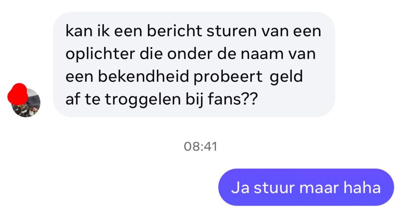 Oplichter die zich voordoet als beroemdheid wordt urenlang aan het lijntje gehouden en eindigt alsnog met lege zakken (40 screens)