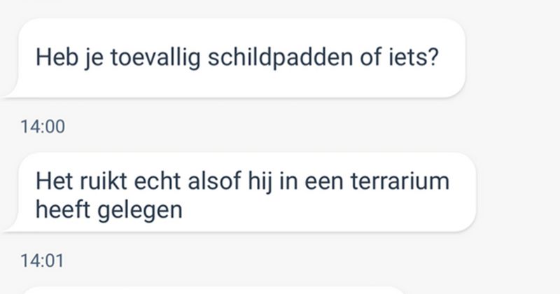 Man is niet helemaal tevreden met de jas die hij heeft gekocht op Marktplaats omdat ie naar schildpadden ruikt (9 screens)