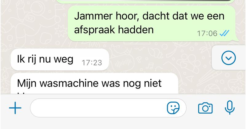 Man is twee uur te laat voor een Marktplaats-afspraak omdat hij eerst thuis nog moest wachten tot z'n wasmachine klaar was (8 screens)