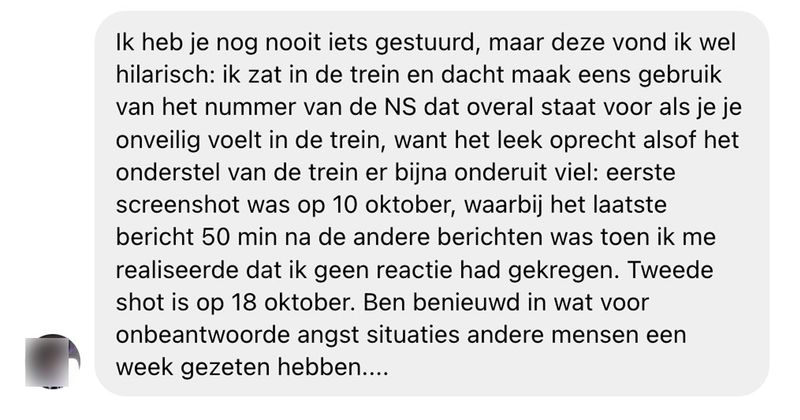 Hier weer een leuk WhatsApp-gesprek met de NS-meldkamer waar je dus eigenijk niks aan hebt (2 screens)