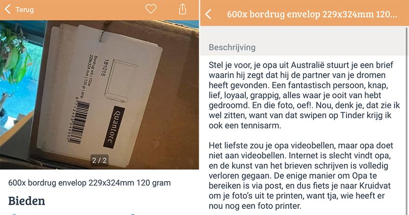 Man verkoopt een lading stevige enveloppen via Marktplaats en vond dit wel een geschikt verhaal voor in de beschrijving (4 screens)