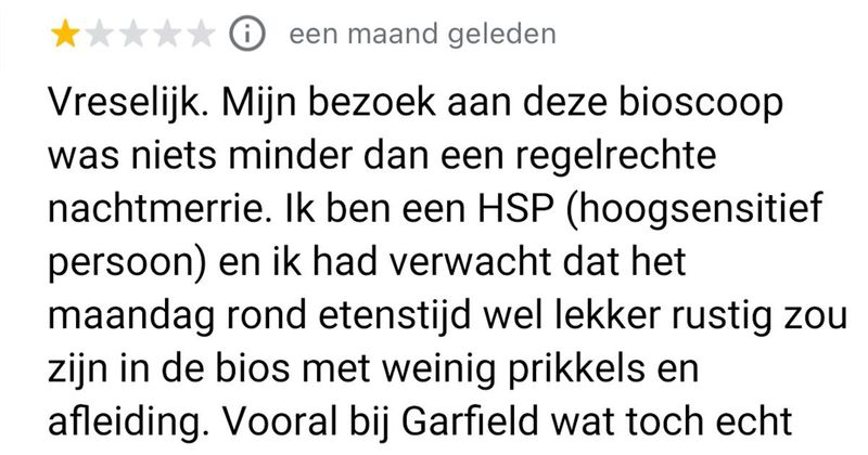 Hoogsensitief persoon had zich verheugd op een ontspannen avondje in de bioscoop maar dat liep toch net even anders (6 screens) 