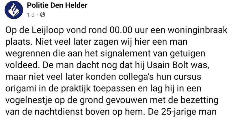 De politie in Den Helder heeft zo te zien erg veel lol gehad bij het schrijven van deze Facebook-berichten