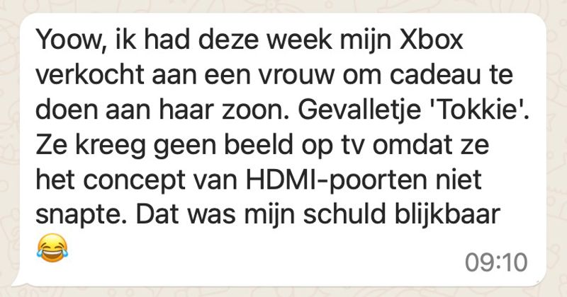 Moeder koopt tweedehands Xbox voor haar zoon maar snapt niet echt hoe HDMI-poorten werken dus is het de schuld van de verkoper als ze geen beeld krijgt (6 screens)