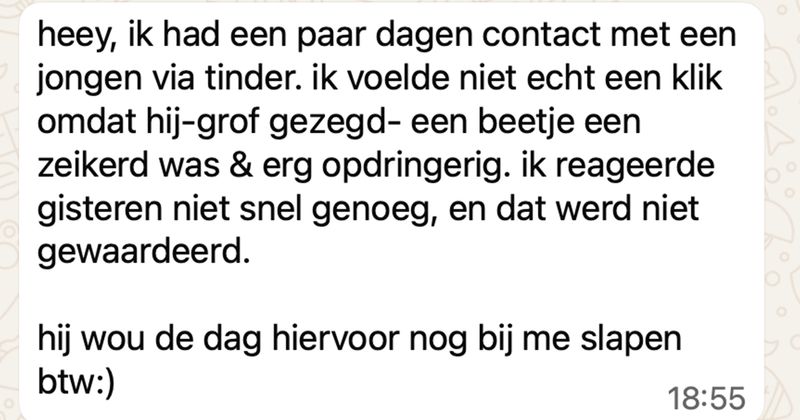 Hier weer iemand op Tinder met minder geduld dan een hond die op z'n eten wacht