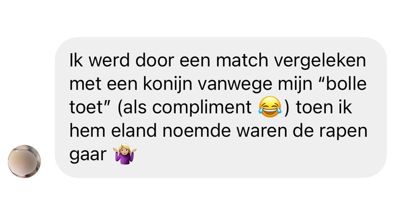 Vrouw wordt door haar match vergeleken met een konijn en als ze hem vervolgens ook met een dier vergelijkt zijn de rapen ineens gaar (7 screens)
