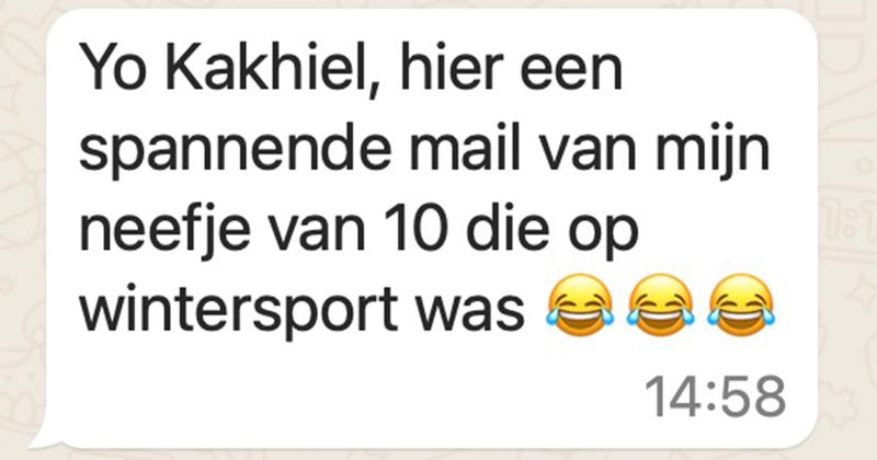Jochie van 10 is op wintersport en stuurt deze spannende mail vol taalfouten en opschepperij naar zijn oom in Nederland 