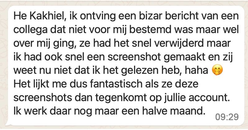 Vrouw stuurt per ongeluk berichten naar de verkeerde collega en verwijdert ze snel, maar helaas voor haar niet snel genoeg... (3 screens)