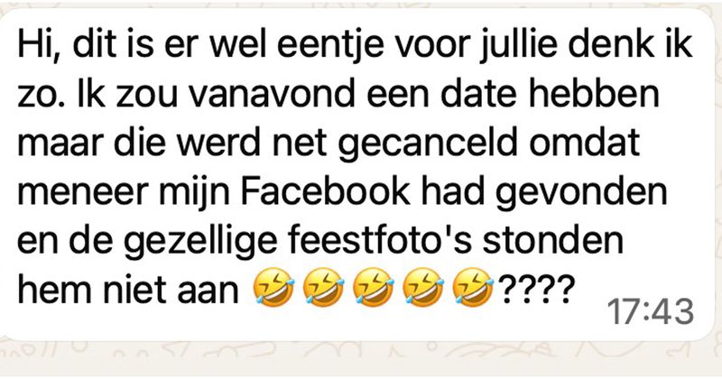 Gast zegt last-minute date af omdat hij de Facebook-pagina van zijn match heeft gevonden en niet echt te spreken is over de foto's daar (5 screens)