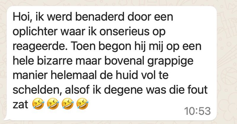 Oplichter wordt in zijn 'eer' geraakt omdat zijn slachtoffer niet in zijn lulverhaal trapt en begint ineens op de meest bizarre maar vooral grappige manier te schelden (8 screens)