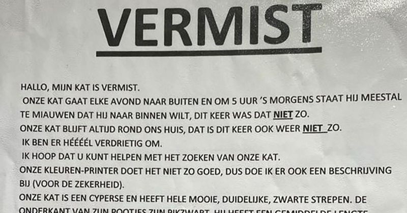 Hier een vermist-poster van een kind van 10 die haar kat kwijt is en daardoor nogal hoog in haar emotie zit 