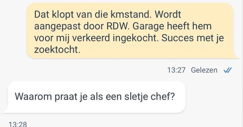 Man wil auto kopen op Marktplaats maar heeft helaas nogal moeite met normaal communiceren (4 screens)