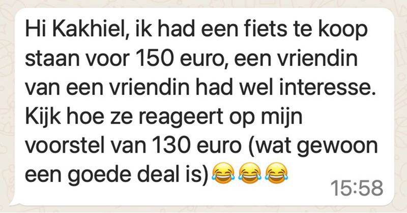Meisje probeert fiets te verkopen aan iemand die ze via via kent en wordt gelijk uitgemaakt voor oplichter omdat ze er meer dan 20 euro voor durft te vragen (5 screens)