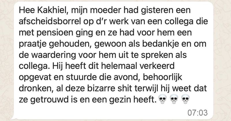 Vrouw houdt afscheidspraatje voor mannelijke collega die met pensioen gaat en ontvangt diezelfde avond nog al deze ongepaste berichten waarin hij zich helemaal laat gaan omdat hij 'teut' is (4 screens)