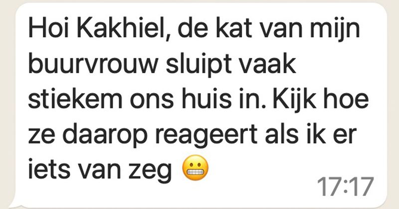 Man schrikt zich 's nachts kapot van buurkat die stiekem zijn huis is binnengeslopen en besluit even contact op te nemen met zijn baasje... (7 screens)