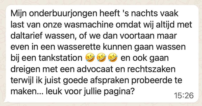 Jongen kan 's nachts niet slapen door het gedreun van de wasmachine van zijn bovenburen en dit is de oplossing die hij voorstelt (5 screens)