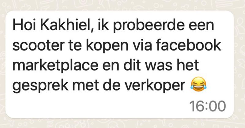 Jongen wil graag een scooter kopen via Facebook maar de verkoper heeft er door dit ‘openingswoord’ al meteen geen zin meer in (8 screens)