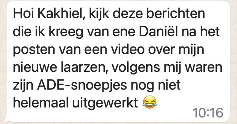 Vrouw post video over nieuwe laarzen en ontvangt vervolgens deze berichten van ene Daniël die zo te zien nog lekker aan het naspacen is van ADE (6 screens)  