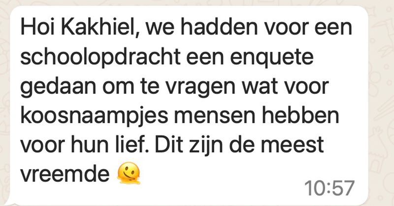Als je nog op zoek bent naar een bizar koosnaampje voor je levenspartner dan staat hier misschien wel iets leuks tussen