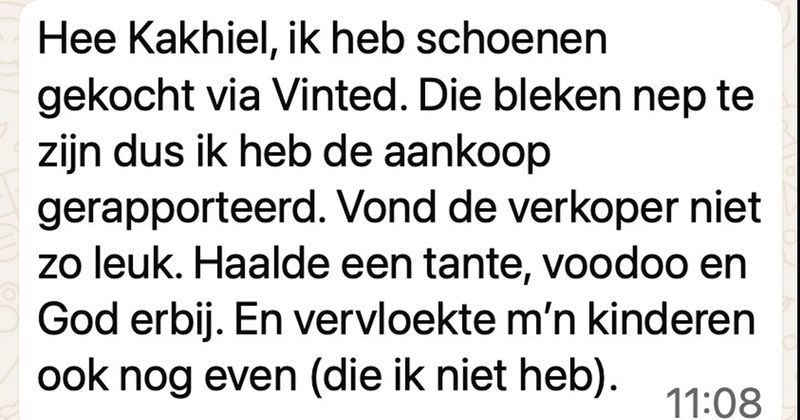 Man verkoopt nep-schoenen op Vinted en als je hem rapporteert begint hij te dreigen met voodoo en moet je familie gestraft worden (5 screens)