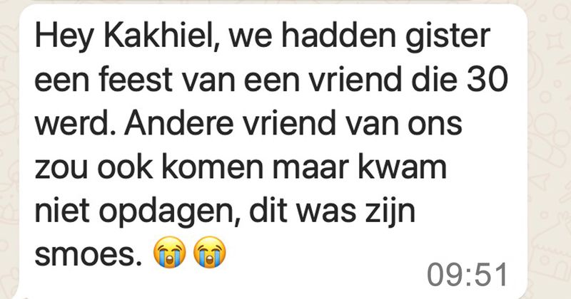 Gozer komt niet opdagen op de 30e verjaardag van een vriend en dit is zijn smoes (5 screens)