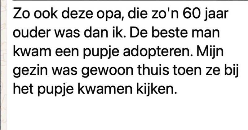 Opa komt pup adopteren bij 60 jaar jongere vrouw die gewoon een gezin heeft en laat achteraf via WhatsApp nog even weten wat hij van haar vond (2 screens)