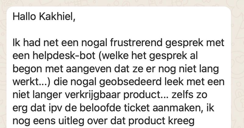 Deze virtuele medewerker is nog niet zo lang werkzaam bij deze helpdesk en dat is aan alles goed te merken (8 screens)