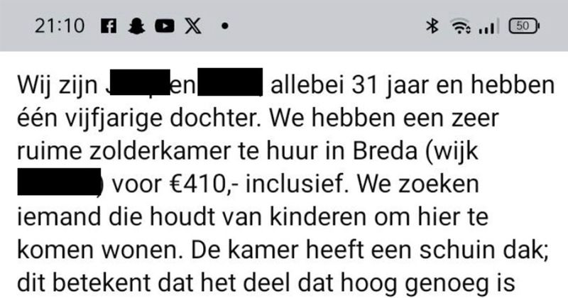 Koppel verhuurt zolderkamer in Breda maar zo te lezen zijn ze eigenlijk gewoon op zoek naar een au pair (4 screens)