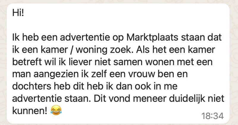 Vrouw zoekt samen met haar dochters een kamer om te huren maar het liefst niet bij een man in huis, daar is niet iedereen het mee eens (2 screens)