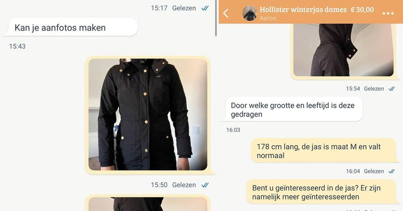 Vrouw zit de hele avond en nacht lang met haar jas aan en capuchon op te wachten in de Marktplaats-chat totdat haar gesprekspartner eindelijk een keer reageert op de 'aanfoto's' (4 screens)