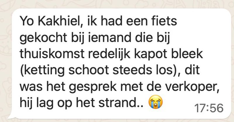 Man koopt tweedehands fiets die bij thuiskomt kapot blijkt te zijn en dit is het gesprek met de verkoper die op het strand ligt (7 screens)