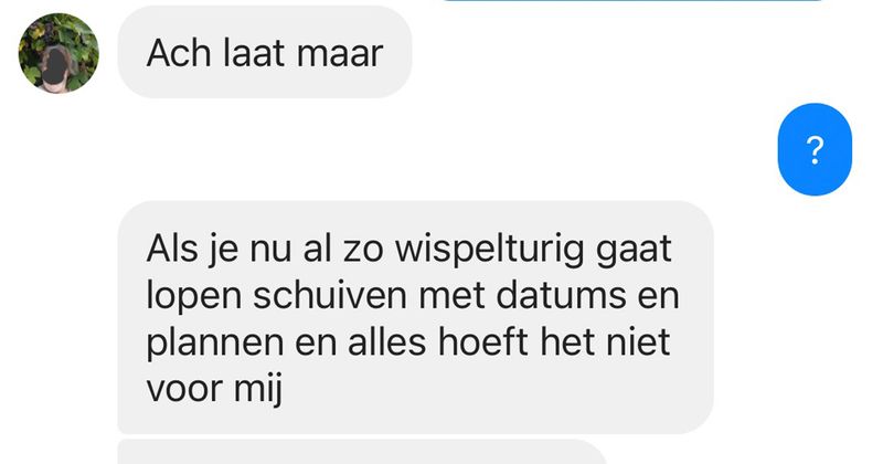 Man wil stoel kopen van iemand op Facebook maar kan niet echt normaal doen omdat hij in januari nooit lekker in zijn vel zit (6 screens)