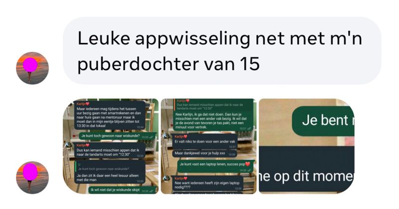 Puberdochter (15) is haar laptop vergeten op school, hier de appwisseling met haar moeder. 'Als de rollen omgedraaid waren had ik jou wel geholpen' (5 screens)