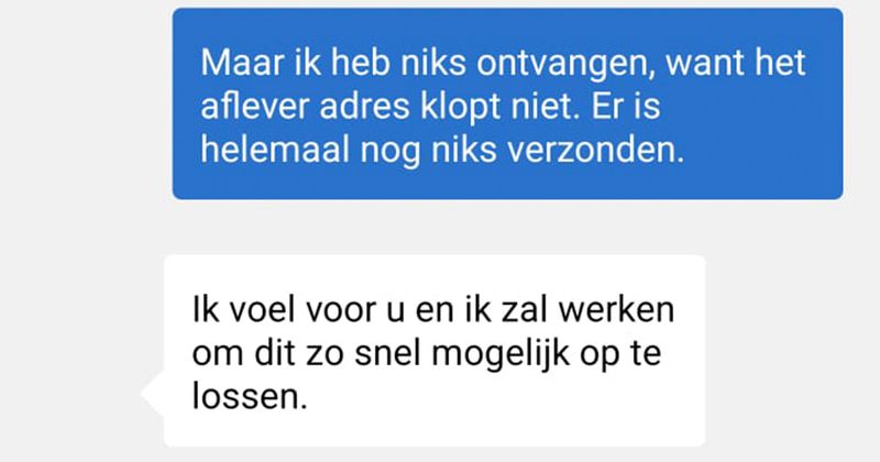 De online klantenservice van SumUp is enorm toegewijd en zal er echt alles aan doen om deze klant te helpen met zijn bestelling. 'Ik voel voor u en ik zal werken om dit zo snel mogelijk op te lossen' (9 screens)