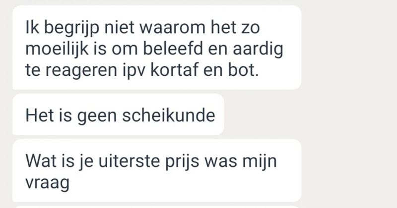 Man snapt niet hoe bieden op Marktplaats werkt en wil meteen weten wat de laagste prijs is om 'heen-en-weer-geschrijf' te voorkomen (6 screens)